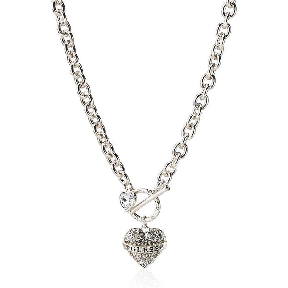 Women's Toggle Logo Pave Heart Charm Pendant Necklace Silver Crystal Stones